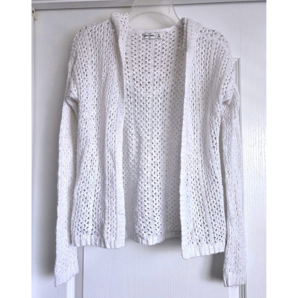Abercrombie Kids White Pointelle Knit Hooded Open Front Cardigan Sweater XL